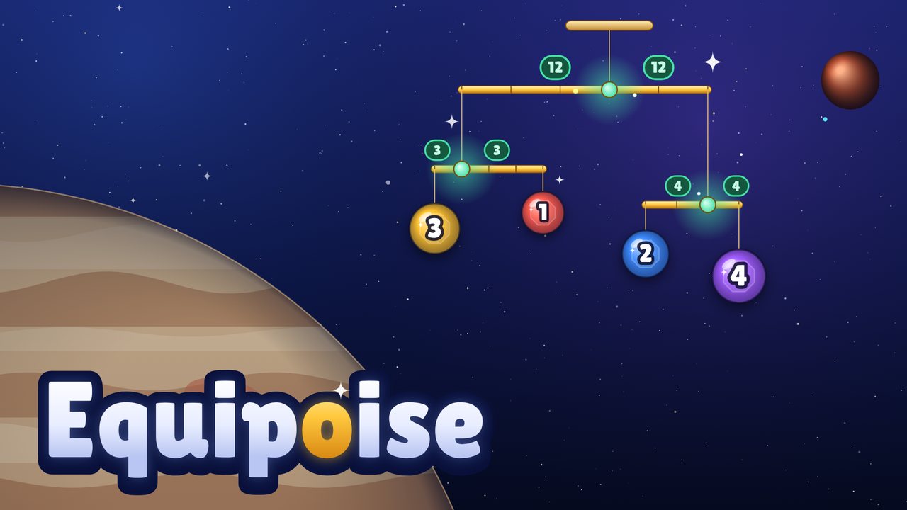 Equipoise : un mobile doré suspendu avec des poids numérotés devant Jupiter
